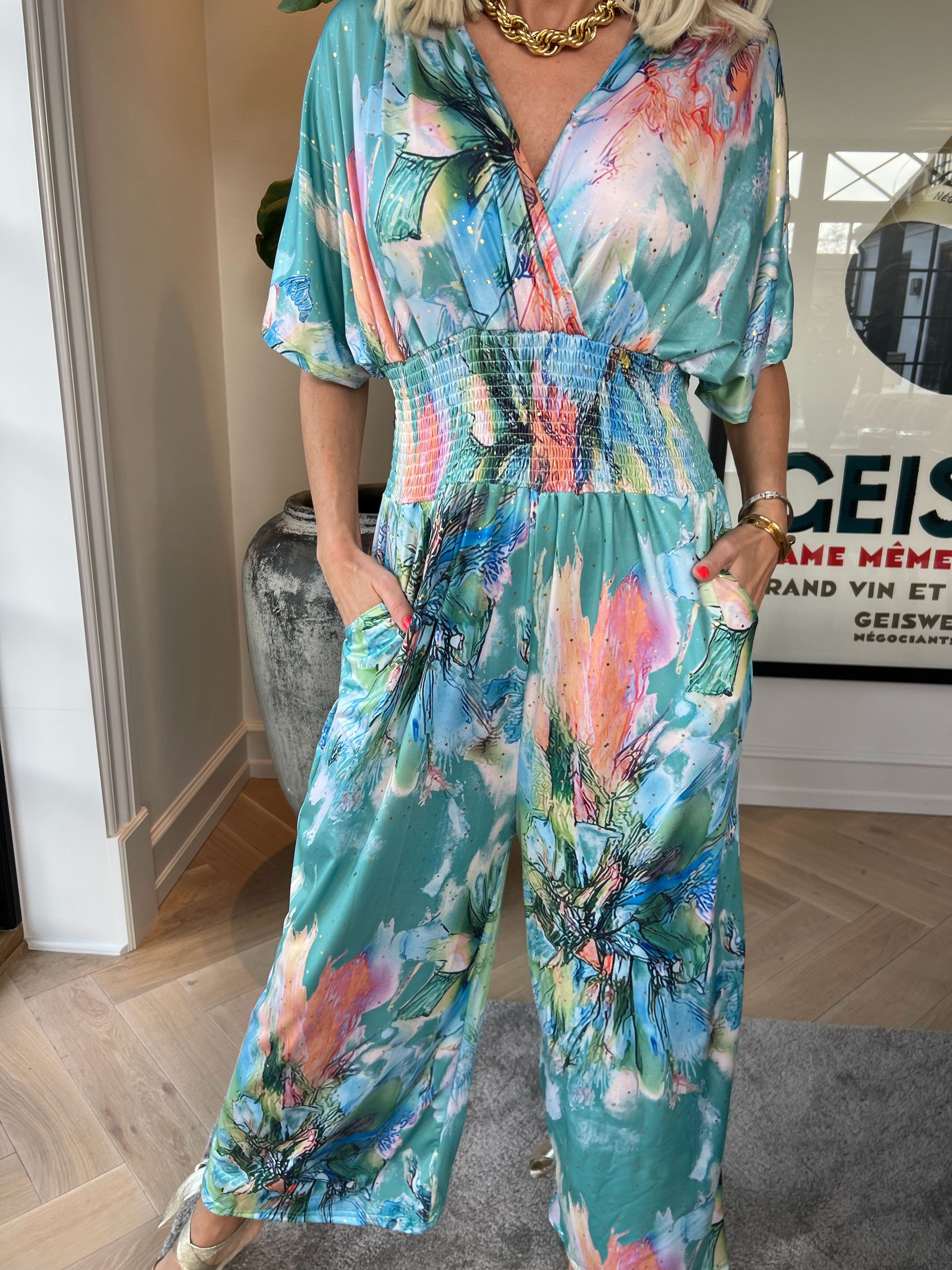 Pams Print Jumpsuit - Elastisk mønstret buksedragt med guld støv